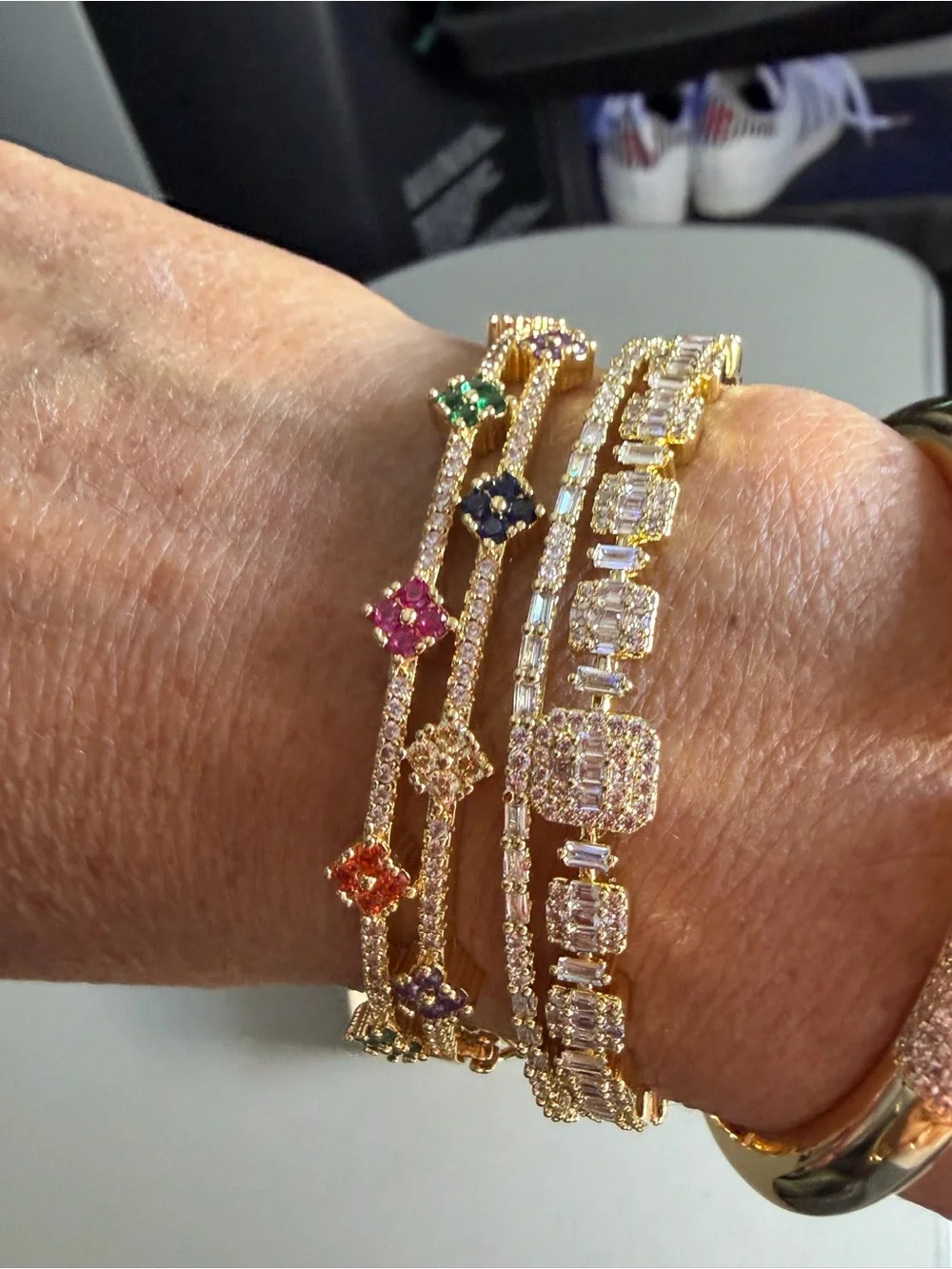 Freida Rothman Gold Multicolor Flower Station Bangle Bracelet - Women's New